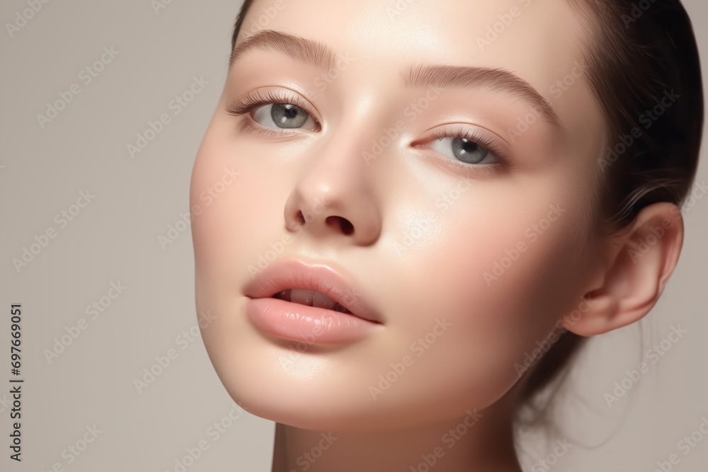 Makeup-Free Portrait of Woman with Smooth Dark Hair, Gray Eyes Makeup-Free Portrait of Woman with Smooth Dark Hair, Gray Eyes