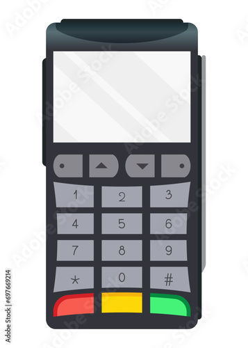 Payment pos terminal. NFC payment machine concept. Bank payment terminal, mockup. Vector illustration in flat design