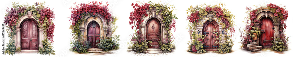 Fototapeta premium fairytale gothic garden door to the castle watercolor collection isolated on transparent background