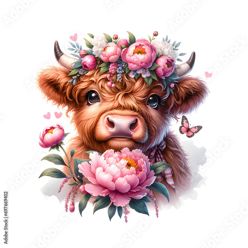 Cute Highland Cow Pink Peonies . Animal Flowers Illustration 