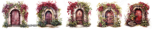 fairytale gothic garden door to the castle watercolor collection isolated on transparent background