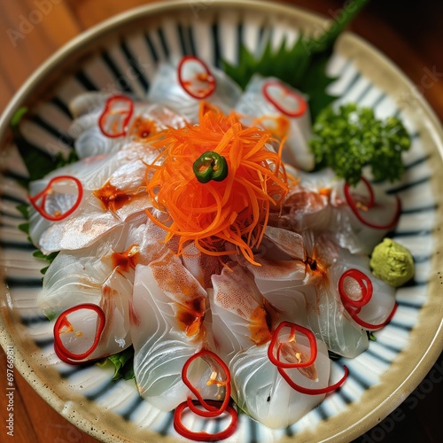 Ultra-Detailed High-Quality Madai Sashimi Artistry - Fresh Garnish and Expert Presentation at Northern Thailand Sushi Bar photo