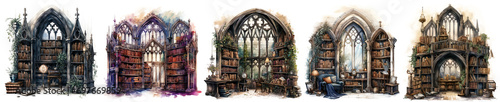fairytale gothic library clipart watercolor collection isolated on transparent background photo