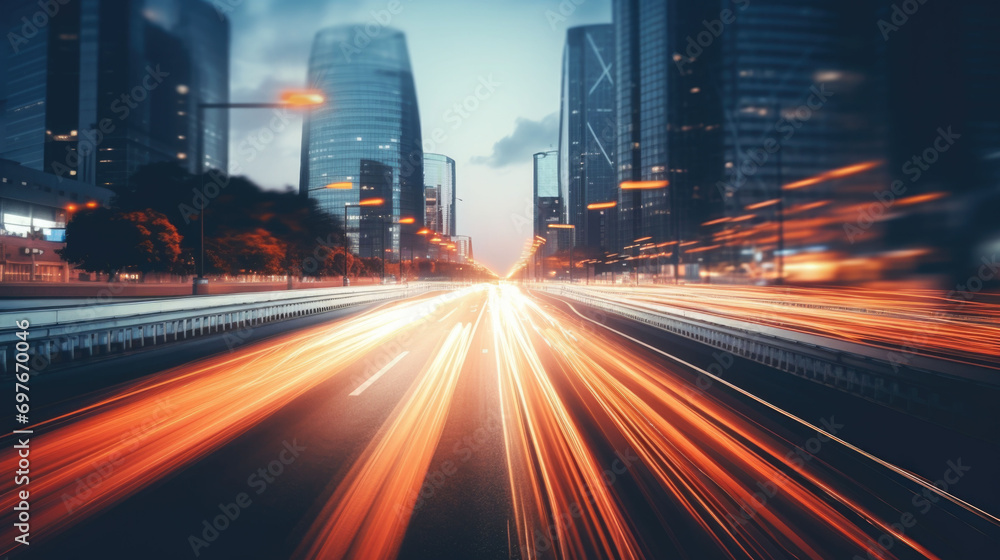 Light flow of traffic on a evening highway in a city with modern high buildings Light flow of traffic on a evening highway in a city with modern high buildings