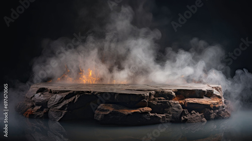 Dark stone product podium display around water, smoke and flame