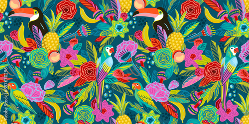 Vector seamless pattern with flowers, fruits, birds, musical instruments. Brazil carnival. Design templates for carnival concept and other