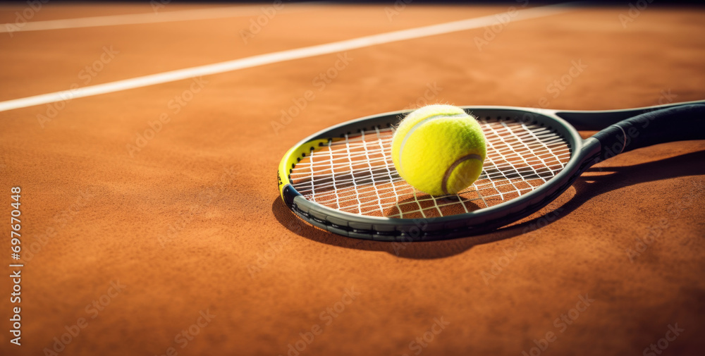 Closeup tennis racket and ball on the clay court