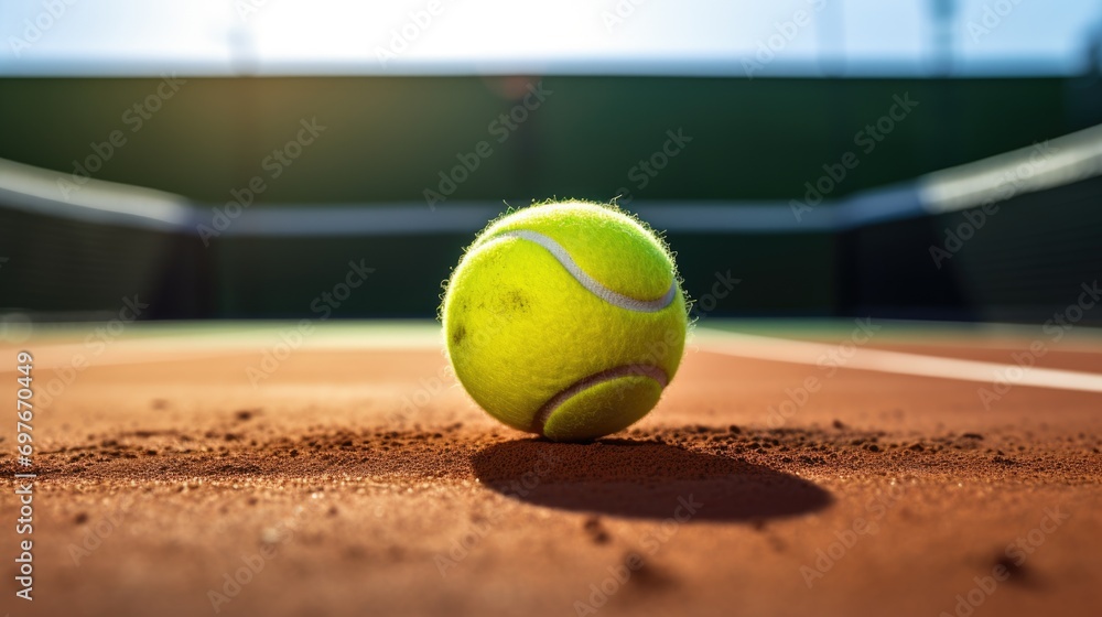 Closeup yellow tennis ball on a clay court surface