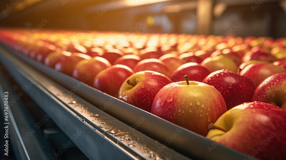 Closeup fresh apple fruits on the conveyor belt