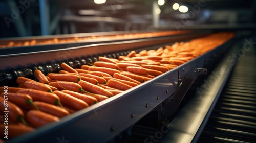 Closeup fresh raw carrots on the conveyor belt photo