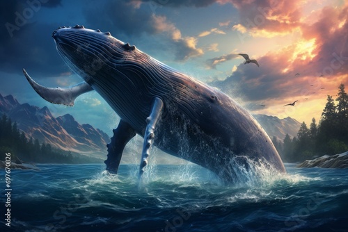 majestic whales breaching in an ocean landscape. Generative AI