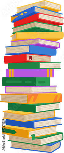 High book stacks or pile. Library textbooks and school literature heaps, dictionaries. Bookstore advertise. Cartoon stacked books angle view with different colorful covers isolated on white