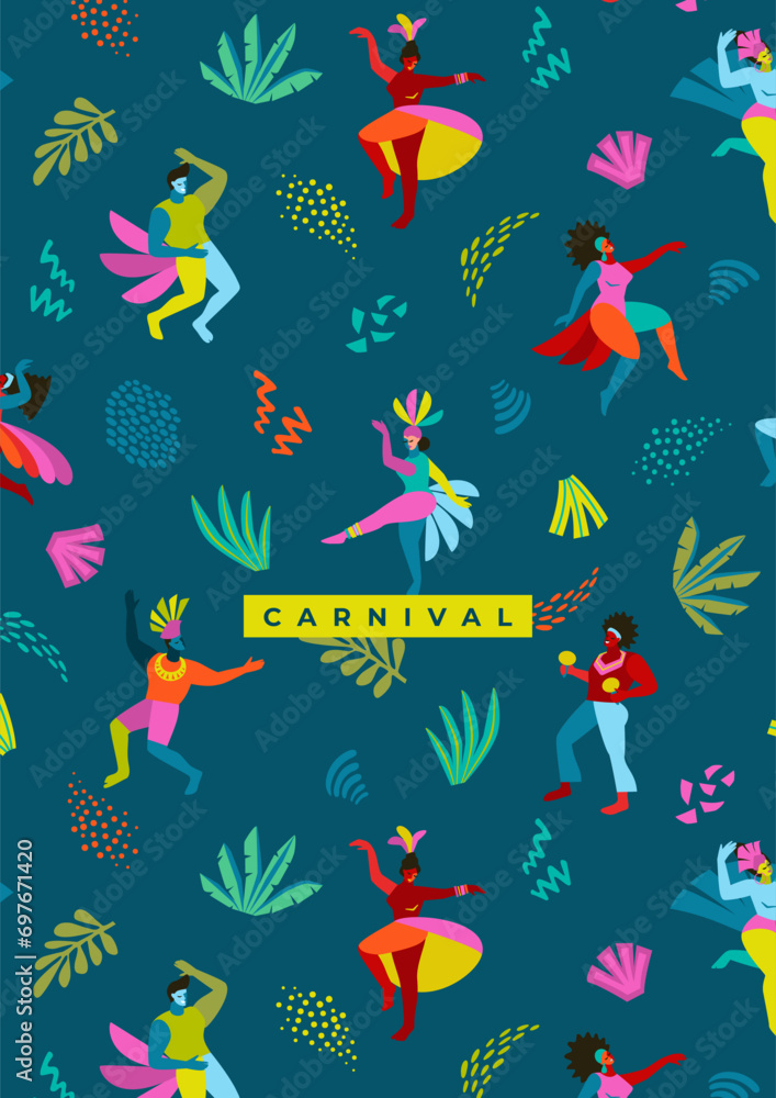 Template with abstract men and women in bright costumes. Brazil carnival. Vector design for carnival concept and other