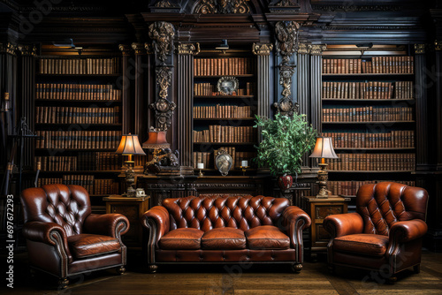 Classic home library interior with elegant leather sofas and dark wooden bookshelves filled with books. © apratim