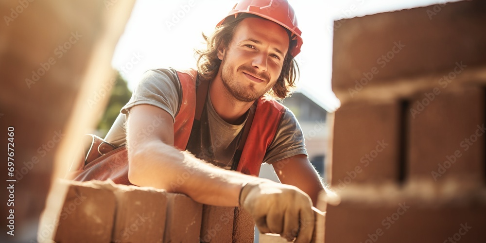 custom made wallpaper toronto digitalBricklayer laying brick on cement mix on construction site close-up. Reduce the housing crisis by building more affordable houses concept