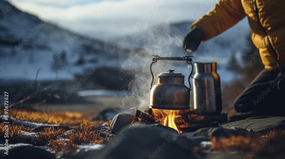 Camping in the mountains. An alternative source for cooking at home during a power outage. - obrazy, fototapety, plakaty 