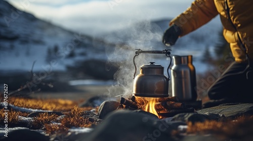 Camping in the mountains. An alternative source for cooking at home during a power outage. photo