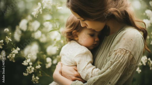 A mother holding her child close among white flowers, feeling peaceful and content.