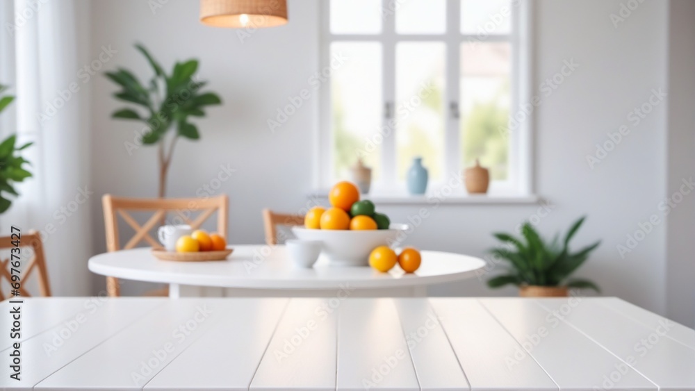 White wooden table and blurred dining room