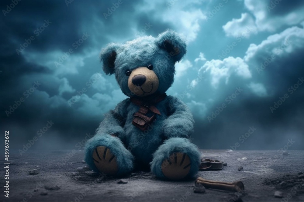 Concept of a melancholic teddy bear on a blue Monday, often regarded as the gloomiest day of the year. Generative AI - obrazy, fototapety, plakaty 