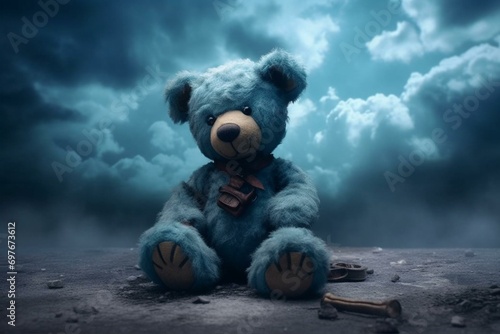 Concept of a melancholic teddy bear on a blue Monday, often regarded as the gloomiest day of the year. Generative AI photo