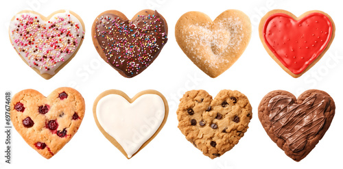 Heart Love shape cookie cookies biscuit, sprinkle and icing set, on transparent background cutout. PNG file. Many assorted different design. Mockup template for artwork design photo