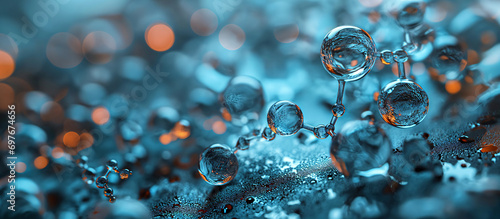 blue molecule atoms structures on blue liquid serum background. Molecular water drop DNA Model Structure