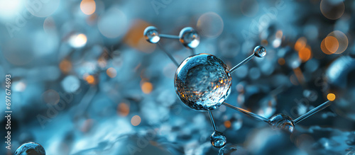blue molecule atoms structures on blue liquid serum background. Molecular water drop DNA Model Structure photo