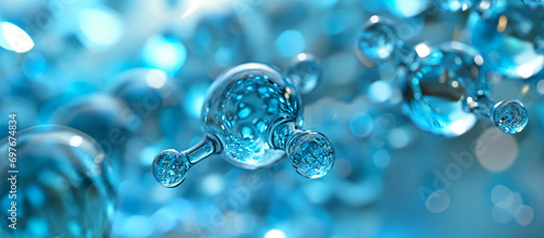 blue molecule atoms structures on blue liquid serum background. Molecular water drop DNA Model Structure