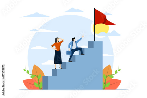 concept of business mentor helping others to advance career and holding ladder vector illustration. business self development strategy flat style design Guidance, skill improvement and climbing.