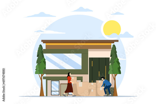 Concept of moving to a new House. People have been relocated to new places. people lift boxes containing furniture at home. Mobile Furniture with Flat Transport style design. Vector Illustration.