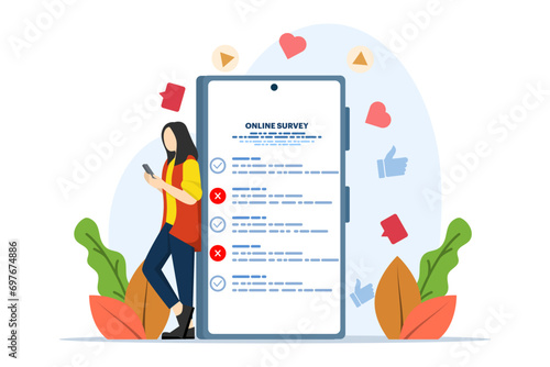 online poll and survey concept, online survey results character monitoring using smart phone, to make list paper notes, can be used for, landing page, template, ui, web, homepage, poster.