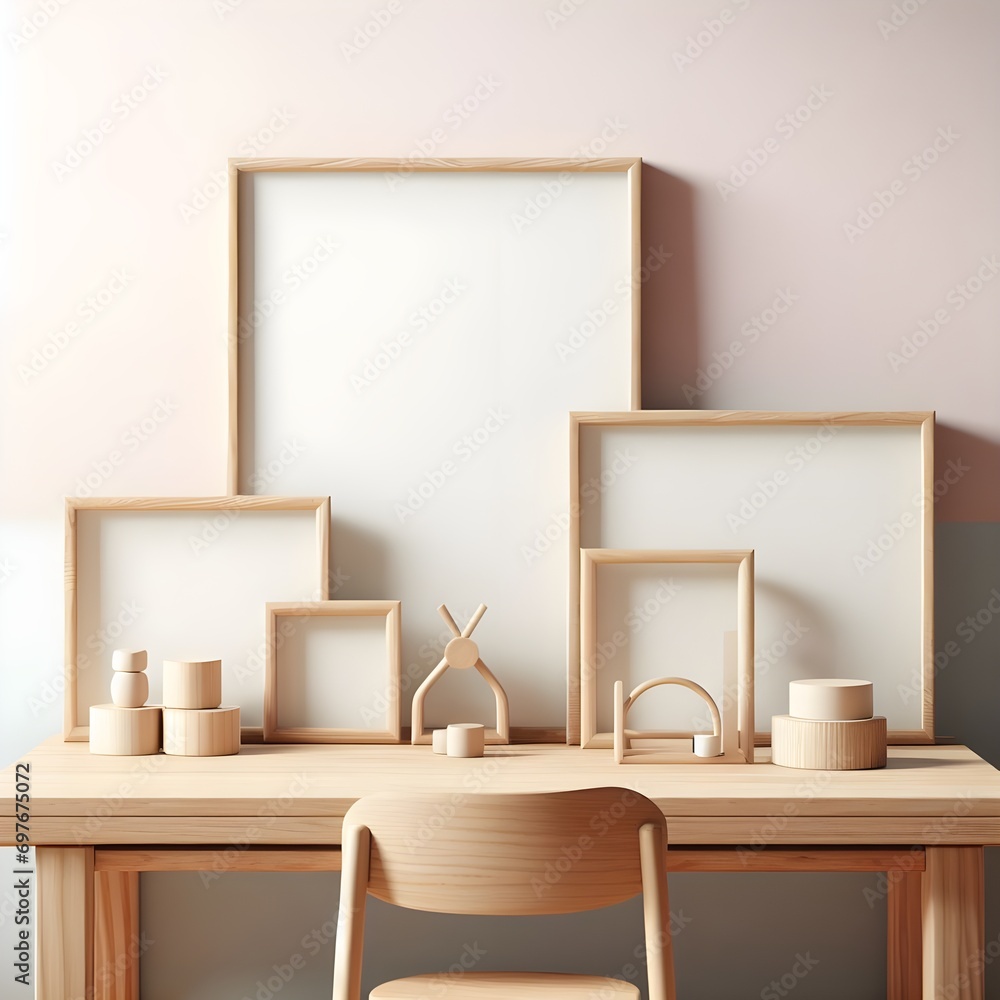 Mockup frame empty copy space of wooden frame closeup in Children baby Child nursery interior room, pastel color wall , Boho, Cozy, Scandinavian, minimal decorative, blank space photo frame Mockup frame empty copy space of wooden frame closeup in Children baby Child nursery interior room, pastel color wall , Boho, Cozy, Scandinavian, minimal decorative, blank space photo frame