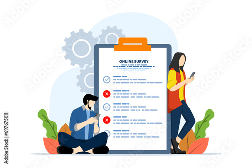 online poll and survey concept, online survey results character monitoring using smart phone, to make list paper notes, can be used for, landing page, template, ui, web, homepage, poster.