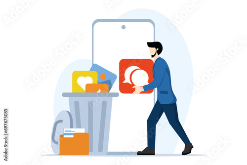Concept of character cleaning cell phone from junk files. people delete documents with software. Users delete folders with documents, photos, videos, games to the trash, clear the cache. vector.