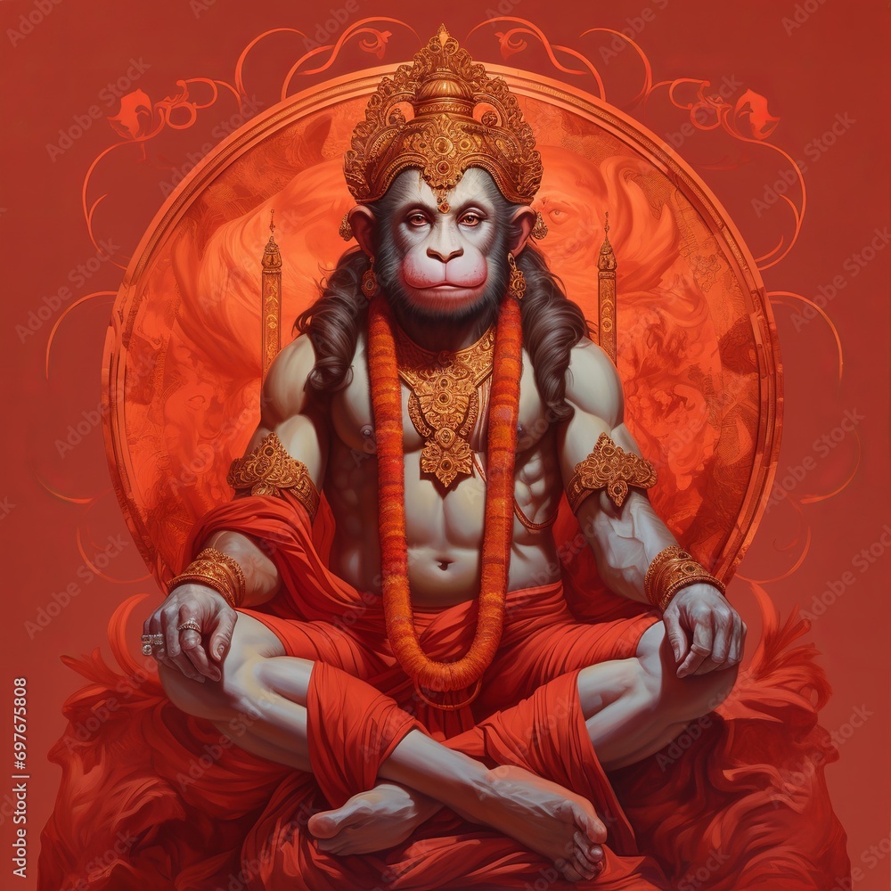 illustration of lord hanuman on a red backgroundtraditional hinduism, Generative ai