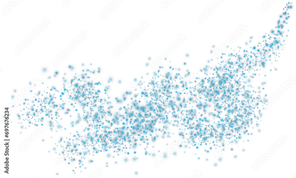 Blue scattering of small particles of sugar crystals, flying salt, top view of baking flour. Blue powder, powdered sugar explosion isolated on transparent background. PNG.