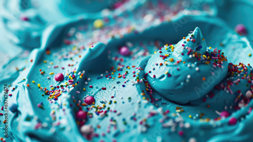 Close-up of the texture of blue bubblegum creamy ice cream with sprinkles. Creative background of delicious dairy ice cream with natural ingredients.