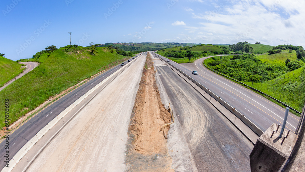 Driving Road Highway New Construction Expansion Of Vehicle Lanes Overhead Landscape Photograph.