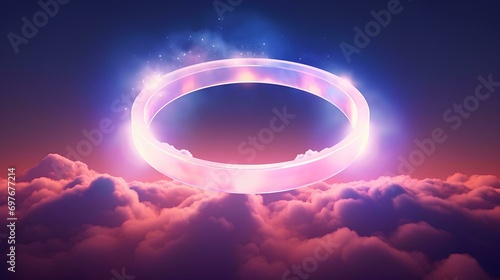 Futuristic neon circle in the clouds. 3d rendering.