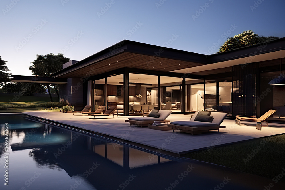 Contemporary Elegance Modern Dark Villa with Open Plan Living and Private Terrace Retreat. created with Generative AI