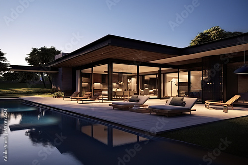 Contemporary Elegance Modern Dark Villa with Open Plan Living and Private Terrace Retreat. created with Generative AI © Amornrat