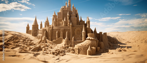 Magnificent sand castle on golden sand, with intricate towers.
