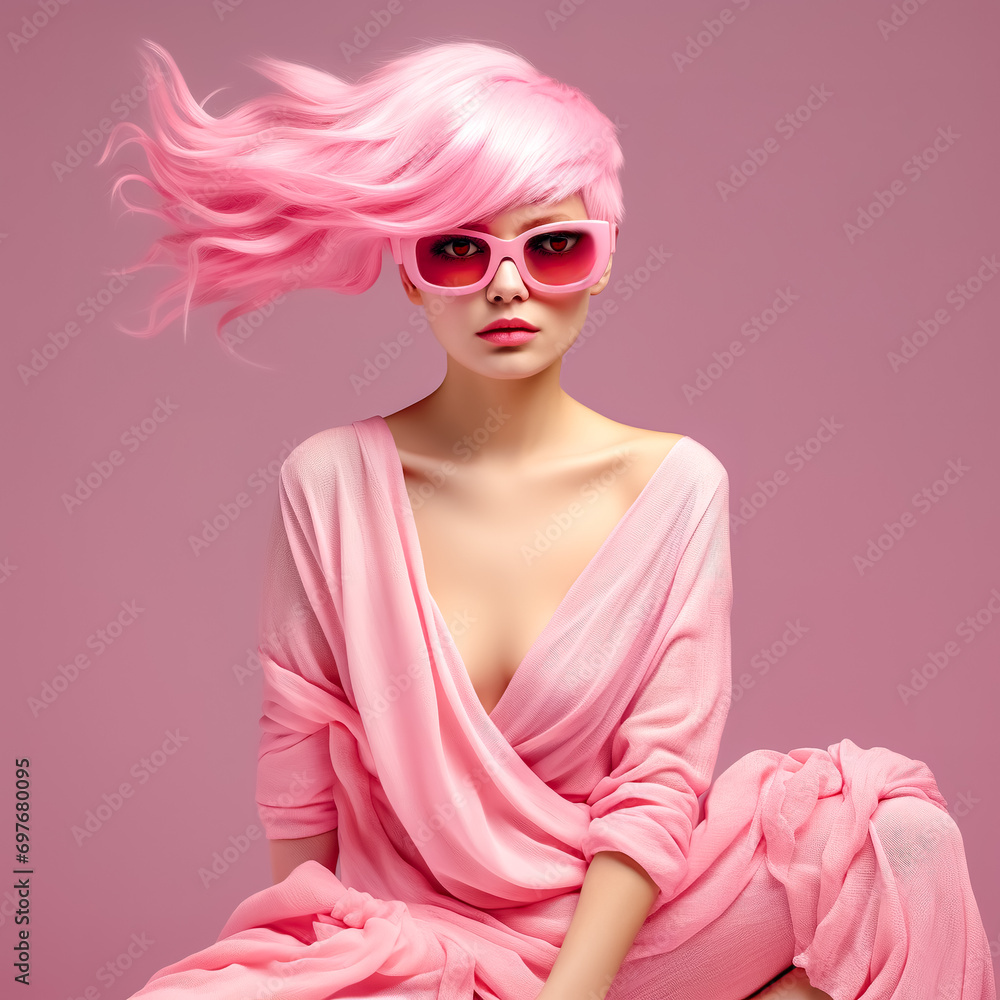 portrait of a woman with vibrant pink hair and matching sunglasses, wearing a flowing pink garment, against a monochromatic pink background, creating a bold and cohesive color statement portrait of a woman with vibrant pink hair and matching sunglasses, wearing a flowing pink garment, against a monochromatic pink background, creating a bold and cohesive color statement