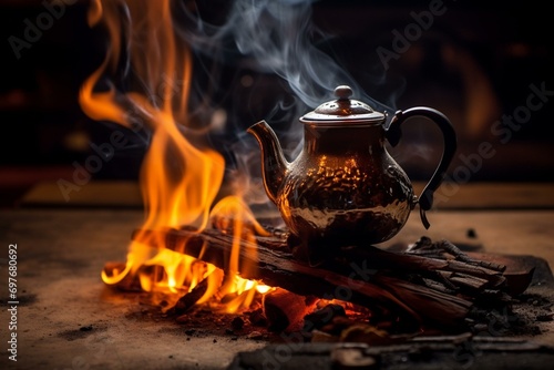 A pot of coffee brewing on a fire. Generative AI