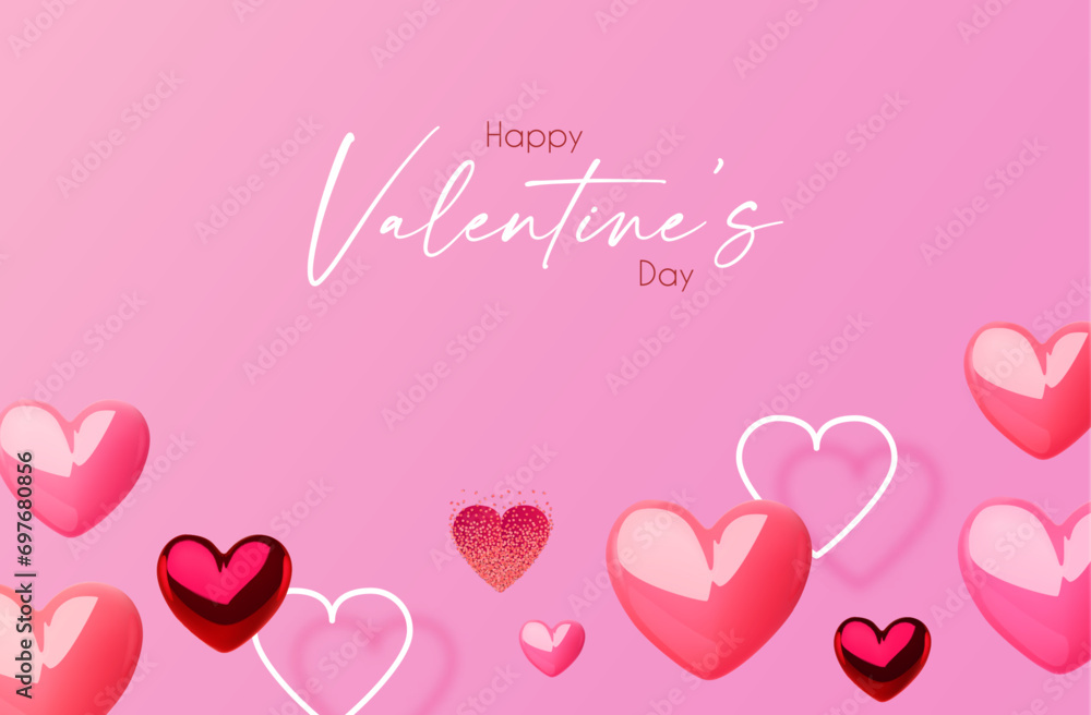 Happy Valentine's day design template with 3D glossy hearts flying in clous.