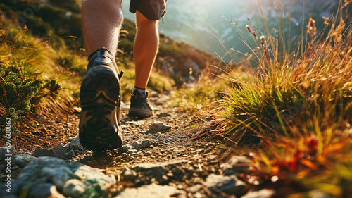 Man's feet strolling up a mountain. Get past a number of challenges to arrive at your destination. the idea of making progress in order to get over certain barriers to achievement. AI generate