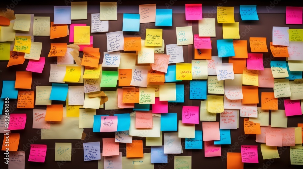 colorful sticky notes on board in office, 16:9