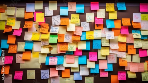 colorful sticky notes on board in office, 16:9