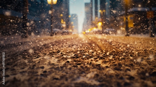 Snow mixed with mud covering the city street in winter during snowstorm at night photo